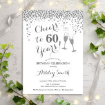 Invitación 60 Aniversario - Saludos A 60 Años De Blanco Plate<br><div class="desc">60.ª Invitación de cumpleaños. ¡Salud A 60 Años! Diseño elegante en blanco y plateado. Incluye gafas de champán,  letra de guión y confeti. Perfecto para una elegante fiesta de cumpleaños. Personaliza con tus propios detalles. Se puede personalizar para mostrar cualquier edad.</div>