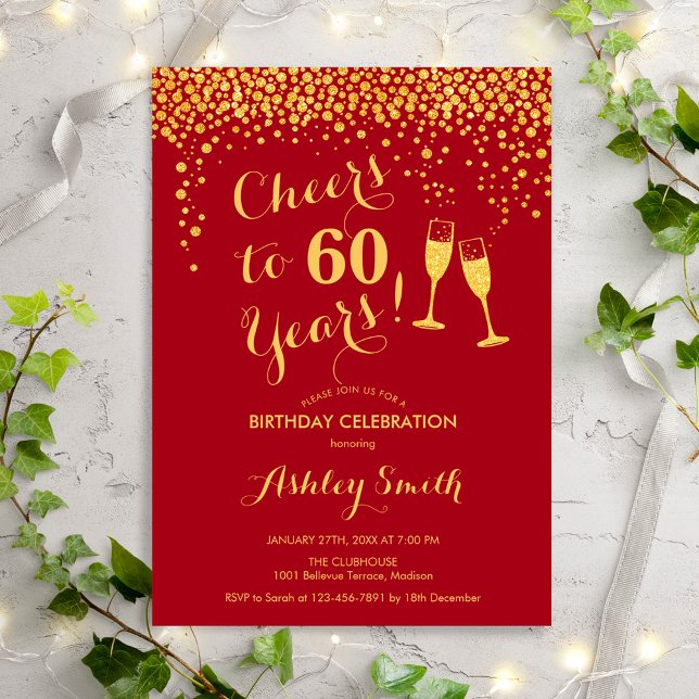 Invitación 60 Aniversario - Saludos A 60 Años Rojo De Oro (Subido por el creador)