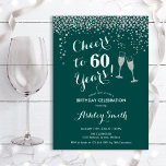 Invitación 60 Aniversario - Saludos A La Plata Verde De 60 Añ<br><div class="desc">60.ª Invitación de cumpleaños. ¡Salud A 60 Años! Diseño elegante en verde,  blanco y plateado. Incluye gafas de champán,  letra de guión y confeti de plata purpurina. Perfecto para una elegante fiesta de cumpleaños. Personaliza con tus propios detalles. Se puede personalizar para mostrar cualquier edad.</div>