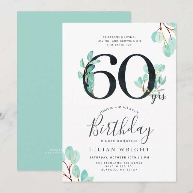 Invitación 60 años de crecimiento | 60 cumpleaños | Eucalyptu (Anverso / Reverso)
