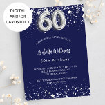 Invitación 60 años estrellas de plata azul marino<br><div class="desc">Una invitación moderna,  elegante y glamurosa para una fiesta de cumpleaños número 60. Un fondo azul marino,  decorado con estrellas de imitación plateadas. Personalice y agregue su nombre y detalles del fiesta. El número 60 se escribe con un tipo de letra de estilo globo.</div>