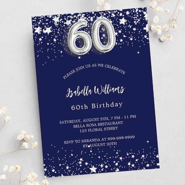 Invitación 60 años estrellas de plata azul marino lujo (Subido por el creador)