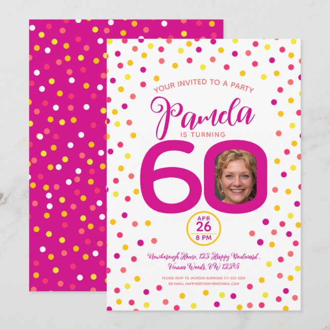 Invitación 60 años personalizado foto confeti amarillo rosado (Anverso / Reverso)