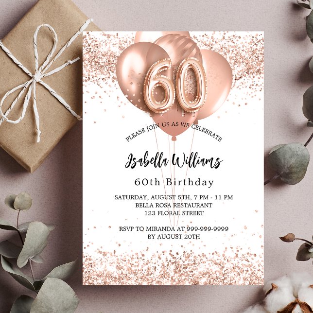 Invitación 60 años rosa globos de oro blanco (Subido por el creador)