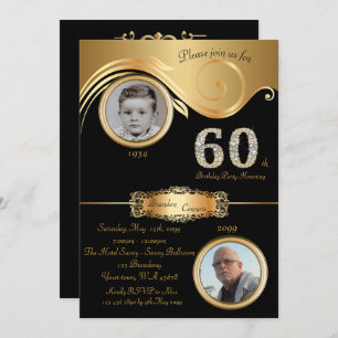 Invitación 60,Cumpleaños 60,elegante deco de arte,oro negro