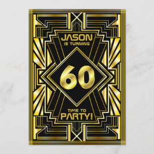 Invitación 60 cumpleaños Art Deco Oro Gran Gatsby Negro