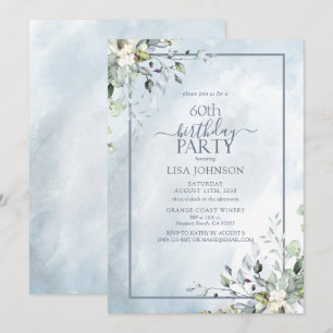 Invitación 60 cumpleaños azul polvoriento Botánica Verdor