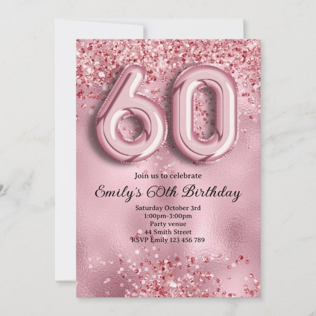 Invitación 60 cumpleaños con brillo rosa (Anverso)