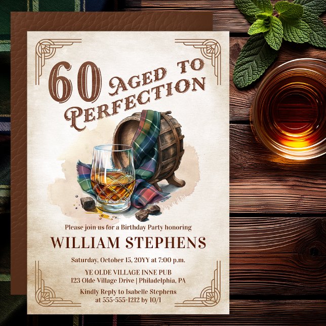 Invitación 60 Cumpleaños de Escocés Perfectamente Madurado (Aged to Perfection 60th Birthday Party Scotch Whiskey Invitation for Men)