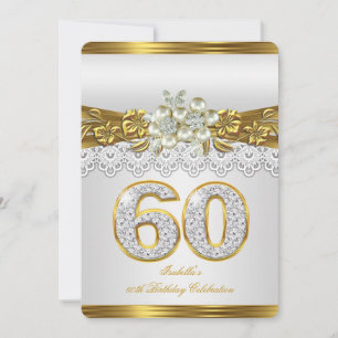 Invitación 60 cumpleaños de Perla Blanca Encaje Dorado Floral