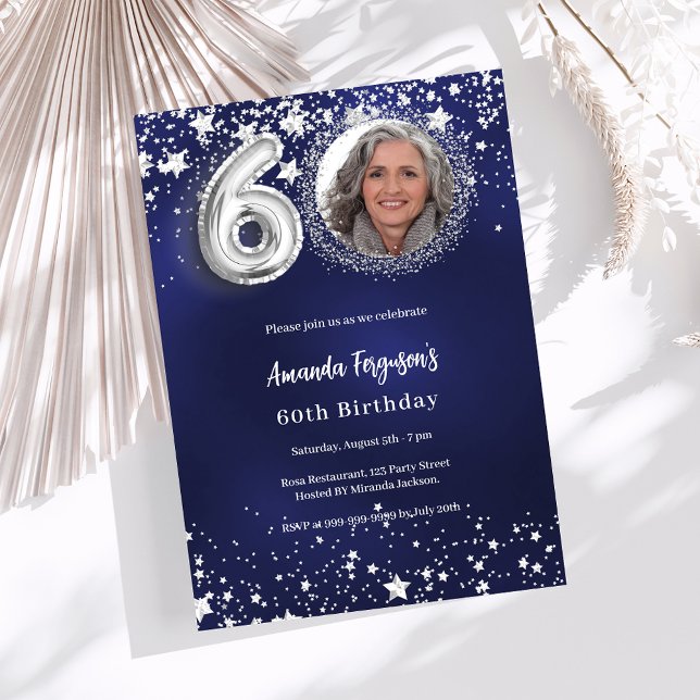 Invitación 60° cumpleaños estrellas de plata azul marino (Subido por el creador)