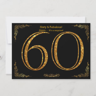 Invitación 60 cumpleaños, Gatsby styl, purpurina de oro negro