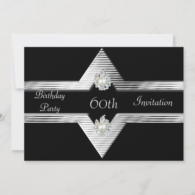 Invitación 60 cumpleaños joya negra plateada (Anverso)