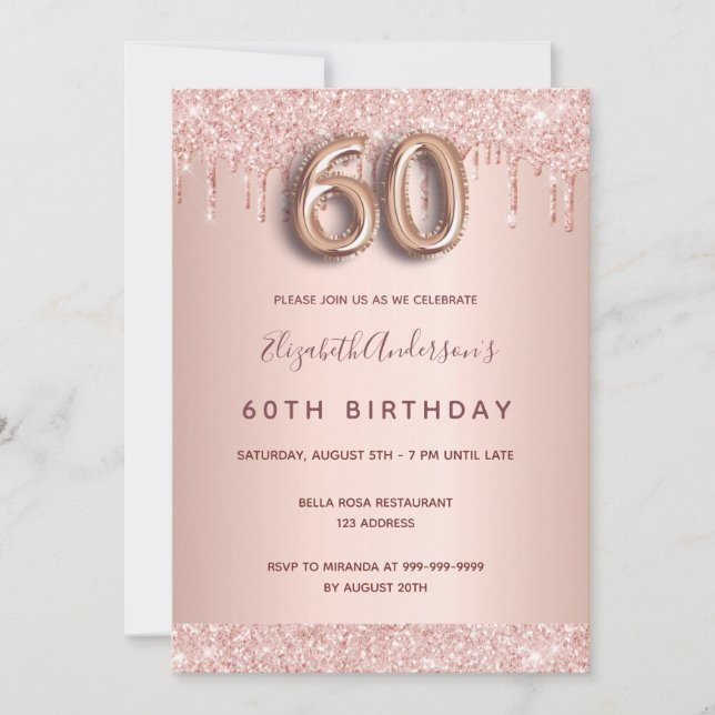 Invitación 60 cumpleaños rosa purpurina oro gotea glam rosa (Anverso)