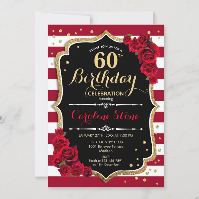 Invitación 60° cumpleaños - Rosas de franjas blancas de oro r (Anverso)