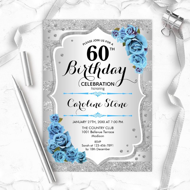 Invitación 60° cumpleaños - Rosas de Silver Stripes Icy Blue (Subido por el creador)