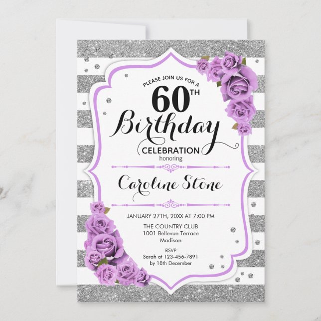Invitación 60° cumpleaños - Rosas morados de rayas blancas pl (Anverso)