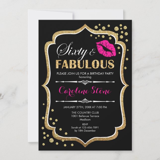 Invitación 60° cumpleaños - Sesenta fabulosos rosados negros  (Anverso)