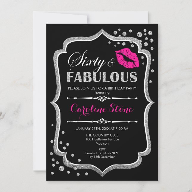 Invitación 60° cumpleaños - Sesenta fabulosos rosados negros  (Anverso)