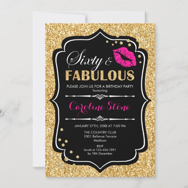 Invitación 60° cumpleaños - Sesenta fabulosos rosados negros  (Anverso)