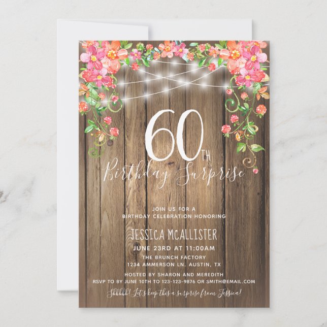 Invitación 60 cumpleaños sorpresa brunch ruidosa madera flora (Anverso)