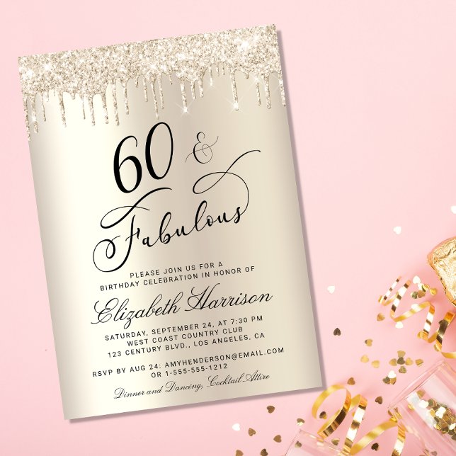 Invitación 60 Fabulosa fiesta de cumpleaños de Purpurina de o (Celebrate her 60 years of sparkle with an elegant gold glitter birthday party invitation  🎉 🎂 🥂)