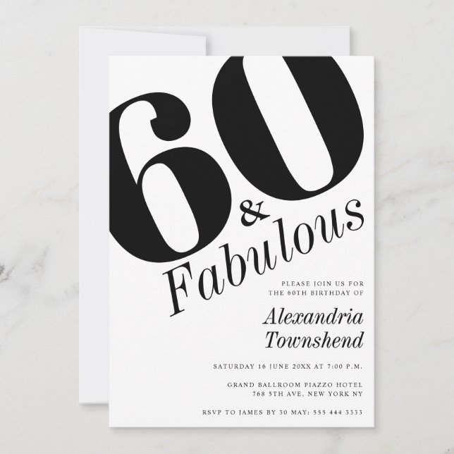 Invitación 60 & Fabuloso Número en Negrita Cumpleaños 60 (Anverso)
