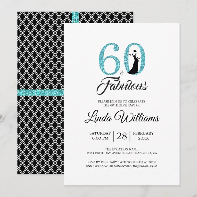 Invitación 60 Fabuloso Purpurina Azul 60 cumpleaños (Anverso / Reverso)