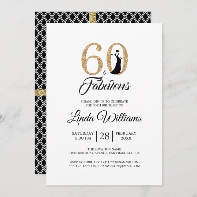 Invitación 60 Fabuloso Purpurina de Oro 60 cumpleaños (Anverso / Reverso)