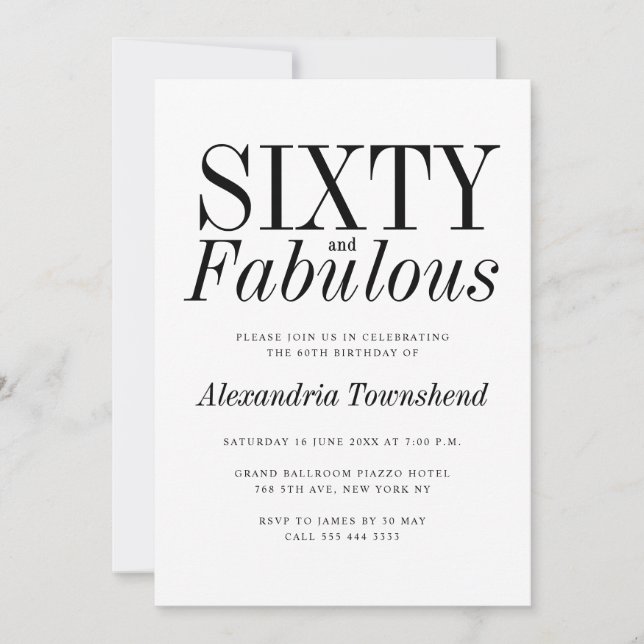 Invitación 60 & Fabuloso Tipografía Elegante Cumpleaños 60 (Anverso)