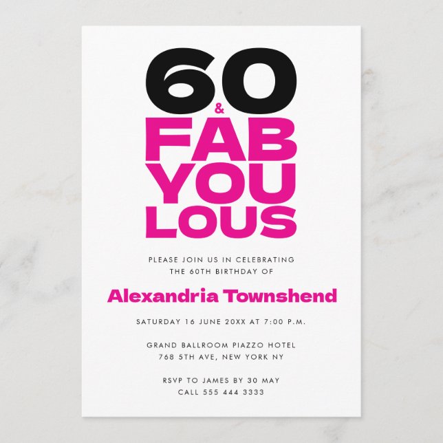 Invitación 60 & Fabuloso Tipografía Negrita Rosa Cumpleaños 6 (Anverso)