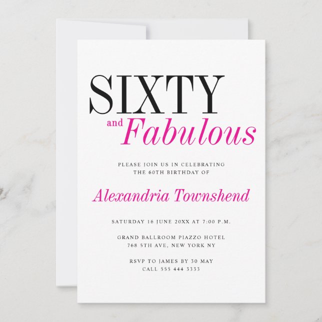 Invitación 60 & Fabulous Modern Pink Typography 60th Birthday (Anverso)