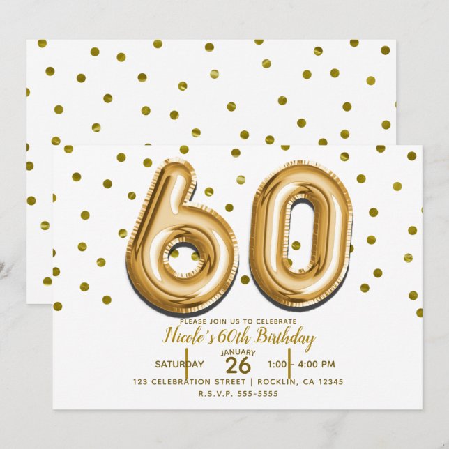 Invitación 60 Globos de Oro y Confetti 60 cumpleaños (Anverso / Reverso)