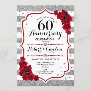 Invitación 60.o aniversario - rosas rojos blancos de plata