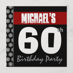Invitación 60.o Cumpleaños moderno para él negro blanco rojo