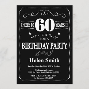 Invitación 60.o Pizarra blanco y negro del cumpleaños