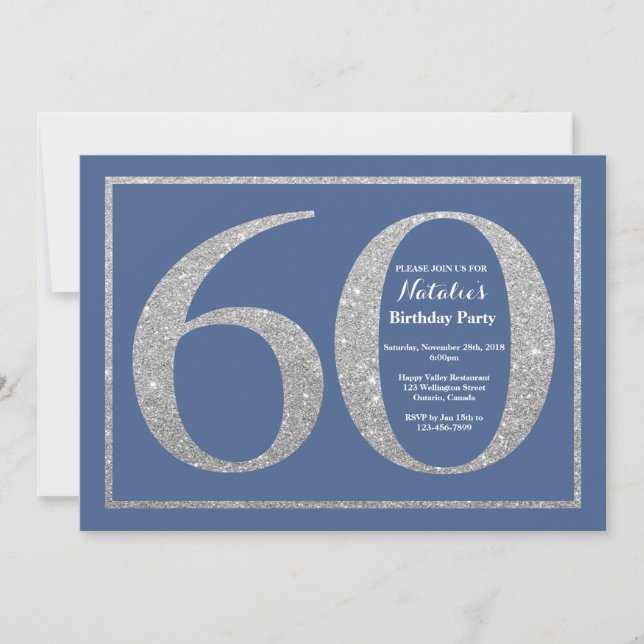 Invitación 60.o Purpurina azul y de plata del cumpleaños (Anverso)