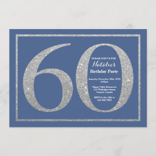 Invitación 60.o Purpurina azul y de plata del cumpleaños