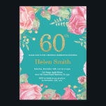 Invitación 60.o purpurina y trullo florales del oro del<br><div class="desc">60.a invitación floral del cumpleaños para las mujeres. Flor floral botánica de la acuarela. Purpurina del oro. Antecedentes verde azulados de la turquesa de la aguamarina. Flores florales de los Peonies rosados. Cumpleaños adulto. Para el arreglo para requisitos particulares adicional, haga clic por favor el "personalizar él" botón y utilice...</div>