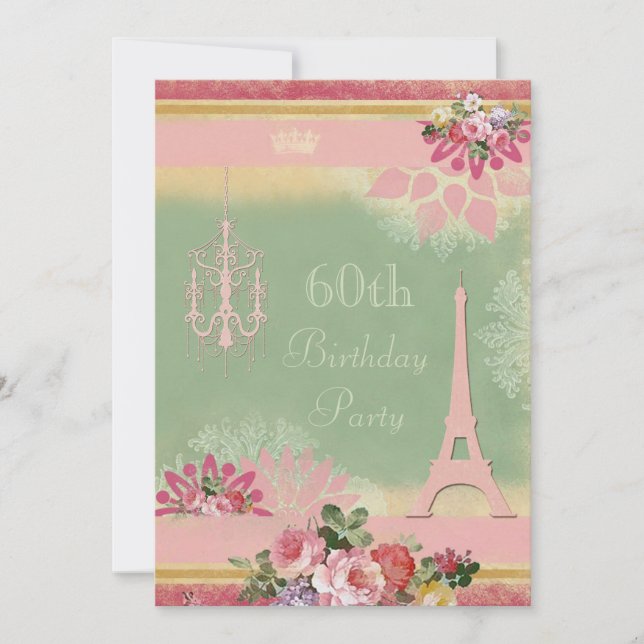Invitación 60.o Torre Eiffel y lámpara rosadas del cumpleaños (Anverso)