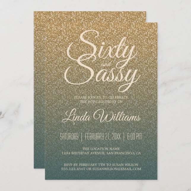 Invitación 60 Sassy Gold Emerald Ombre Fiesta de cumpleaños n (Anverso / Reverso)