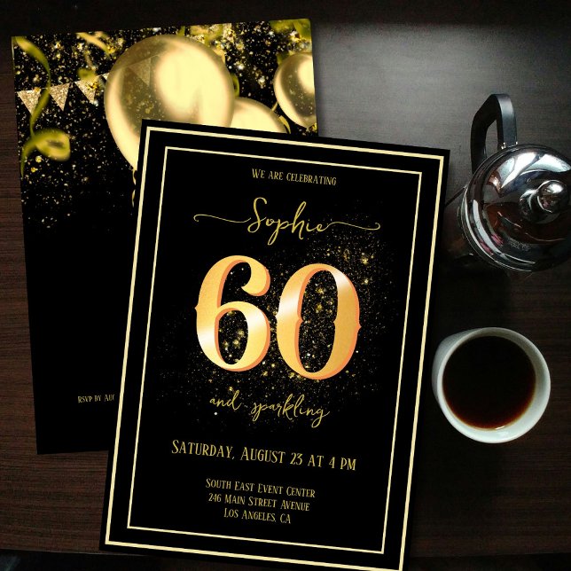 Invitación 60 y el cumpleaños dorado y negro resplandeciente (Subido por el creador)