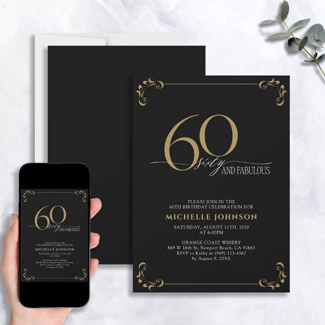 Invitación 60 y fabulosa caligrafía de oro y negro (Subido por el creador)