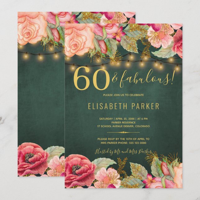 Invitación 60 y fabulosa floral elegante fiesta de cumpleaños (Anverso / Reverso)