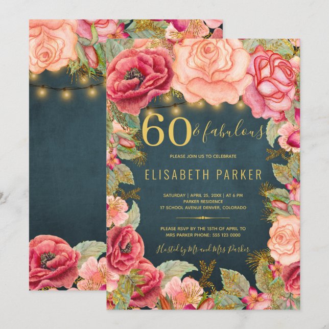 Invitación 60 y fabulosa floral elegante fiesta de cumpleaños (Anverso / Reverso)