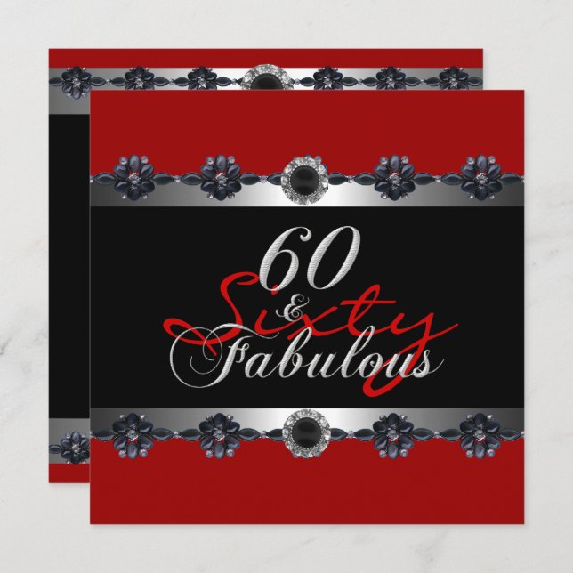 Invitación 60 y fabuloso 60 cumpleaños Silver Red (Anverso / Reverso)