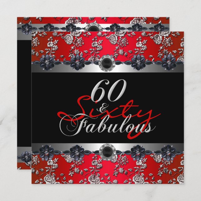 Invitación 60 y fabuloso 60 cumpleaños Silver Red (Anverso / Reverso)