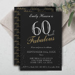 Invitación 60 y fabuloso Black Elegant Script Cumpleaños<br><div class="desc">60 y Fabulosa Invitación de cumpleaños Black Elegant Script. Black elegante invitacion de fiesta de cumpleaños. El fabuloso patrón está en la parte trasera. Personalizar el texto de la invitación. Ideal para la fiesta de cumpleaños número 60 de una mujer.</div>