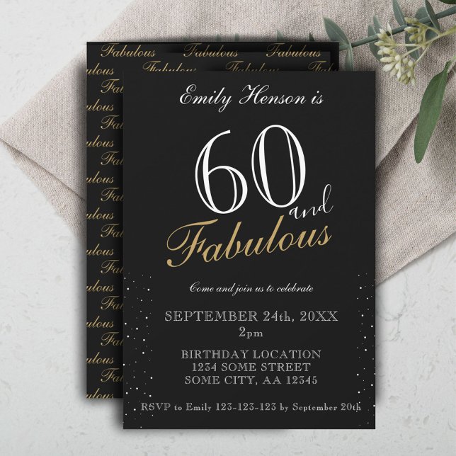 Invitación 60 y fabuloso Black Elegant Script Cumpleaños (Subido por el creador)