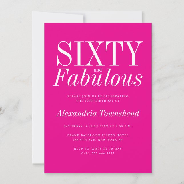 Invitación 60 y fabuloso Chic Rosa Caliente Cumpleaños 60 (Anverso)
